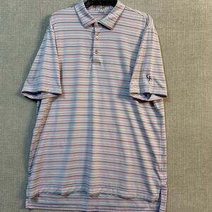 Peter Millar Summer Comfort Mens L Blue Pink White Stripe Performance Golf Polo